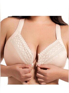 Full Coverage Bra Women’s 38DDD Front Closure Racerback Underwire Lace Beige NEW
